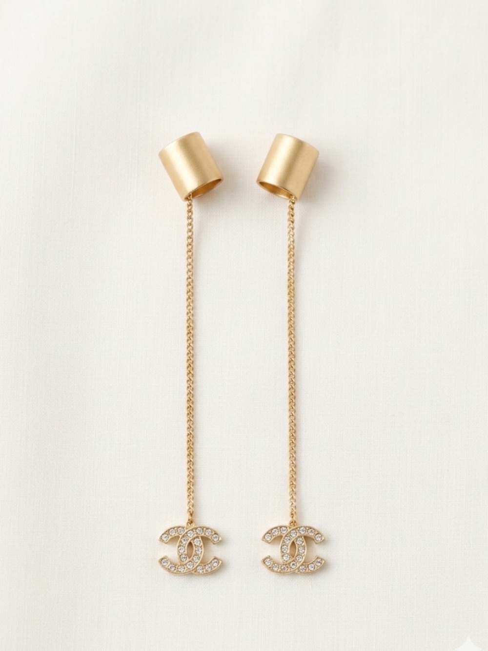Authentic Archival CHANEL 00A Crystal CC Chain Drop Ear Cuffs - Full Set